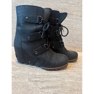 SOREL Women's 8 Black Leather Ankle Lace Up Hidden Wedge Booties Boots
